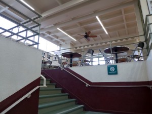 Stairwell that leads to upstairs patio at the Farmers Market in LA